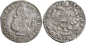 Tassarolo. Agostino Spinola, 1604-1616 

Quarto di scudo 1607, AR 5,28 g. AVGVSTINVS SPIN COMES TASS Busto in armatura a d. Rv. VIRTVTI CAESAREA DVC...