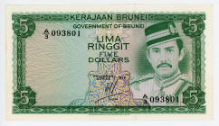 Brunei 5 Ringgit 1979
P# 7a; # A/3 093801; AUNC; Pinholes
