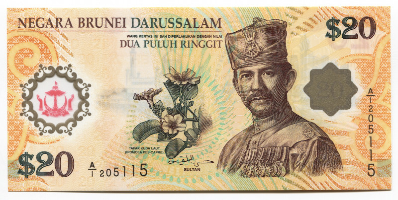 Brunei 20 Ringgit 2007
P# 34a; # A/1 205115; UNC; Polymer