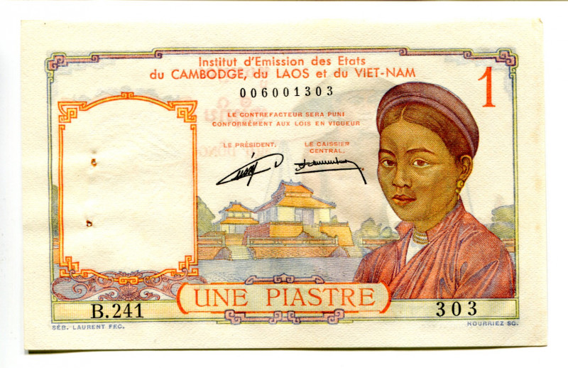 French Indochina 1 Piastre 1953
P# 92; #006001303; With pinholes; UNC