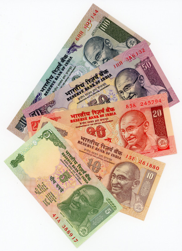 India 5 - 10 - 20 - 50 - 100 Rupees 1996 - 2002 (ND)
P# 88Ac; 89c; 89Aa; 90c; 9...