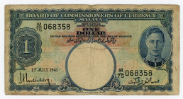 Malaya 1 Dollar 1941 (1945)
P# 11; #068358; VF