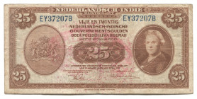 Netherlands Indies 25 Gulden 1943 With Stamp
P# 115a; # EY37207B; XF