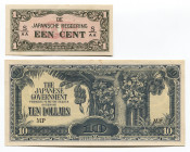 Netherlands Indies & Malaya 1 Cent & 10 Dollars 1942 - 1944 (ND) Japanese Occupation - WWII
P# 119b & M7c; # S/AA & MP; UNC/AUNC