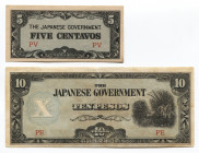 Philippines 5 Centavos & 10 Pesos 1942 (ND) Japanese Occupation WWII
P# 103a & 108a; # PV & PE; XF-AUNC
