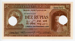 Portuguese India 10 Rupias 1945
P# 36; # 598707; Hole Cancelled; UNC