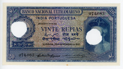 Portuguese India 20 Rupias 1945
P# 37; # 074083; Hole Cancelled; AUNC-UNC
