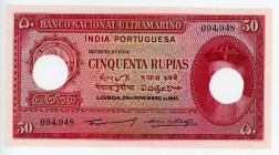 Portuguese India 50 Rupias 1945
P# 38; # 094948; Hole Cancelled; UNC