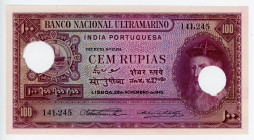 Portuguese India 100 Rupias 1945
P# 39; # 141245; Hole Cancelled; UNC