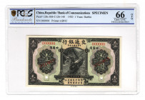 China Harbin Bank of Communication 1 Yuan 1920 Specimen PCGS 66 OPQ
P# 128s; UNC