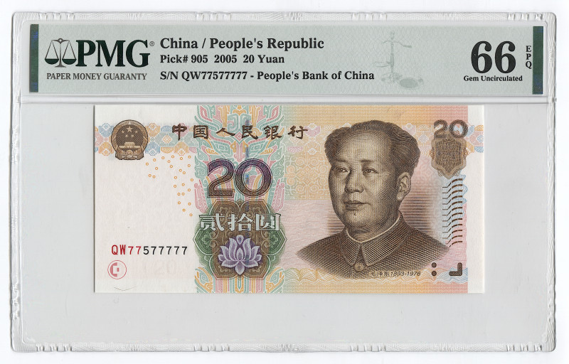 China 20 Yuan 2005 PMG 66
P# 905; # QW 77577777; Fine Serial Number; UNC; PMG66...