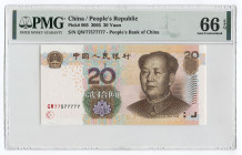China 20 Yuan 2005 PMG 66
P# 905; # QW 77577777; Fine Serial Number; UNC; PMG66; "Mao Zedong"