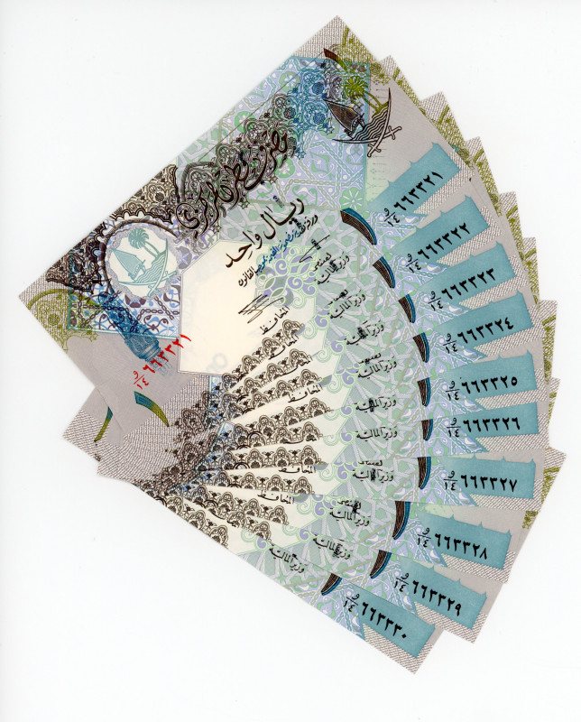 Qatar 10 x 1 Riyal 2003 With Consecutive Numbers
P# 20; #663321 - 663330; UNC