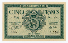 Algeria 5 Francs 1942 Allied Occupation
P# 91; #A558585; XF+/AUNC-