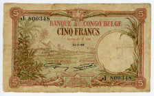 Belgian Congo 5 Francs 1929
P# 8e; # J 800348; F