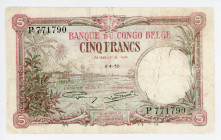 Belgian Congo 5 Francs 1930
P# 8e; # P771790; VF