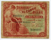Belgian Congo 5 Francs 1942
P# 13; # E605517; VG-F