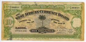 British West Africa 10 Shillings 1941
P# 7b; # F/4 394010; VF