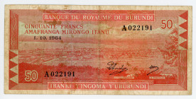 Burundi 50 Francs 1964
P# 11a; # A022191; VF