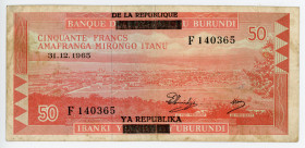 Burundi 50 Francs 1965 - 1966 (ND)
P# 16; # F140365; VF; Overprint on #11a