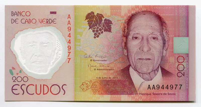 Cabo Verde 200 Escudos 2014
P# 71; # AA 944977; UNC; Polymer