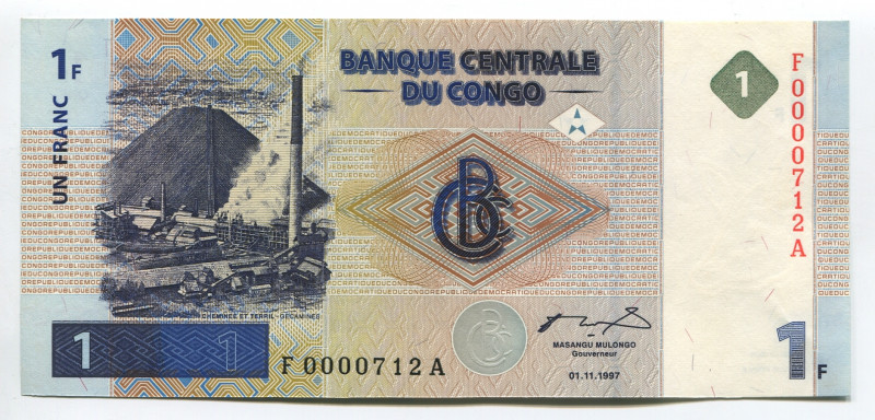 Congo Democratic Republic 1 Franc 1997 R
P# 85; # F 0000712 A; Low Serial Numbe...