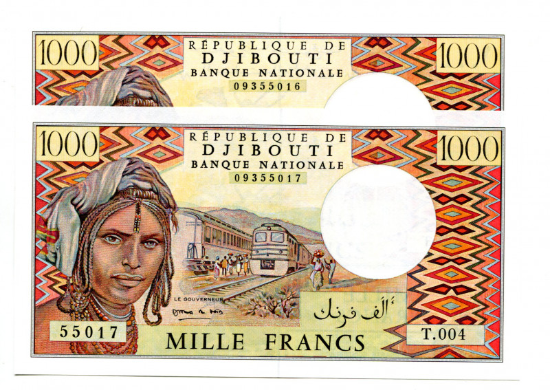 Djibouti 2 x 1000 Francs 1991 (ND) With Consecutive Numbers
P# 37e; #09355016 -...