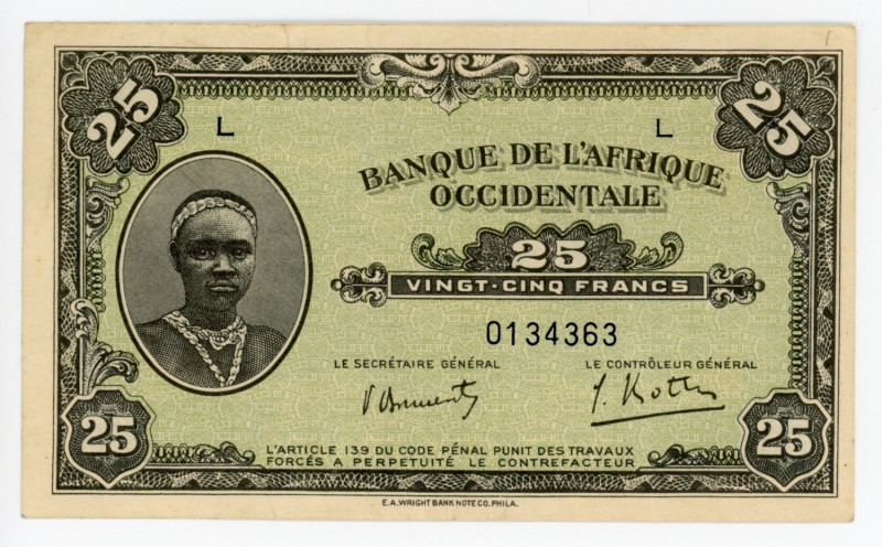 French West Africa 25 Francs 1942
P# 30a; # L0134363; VF