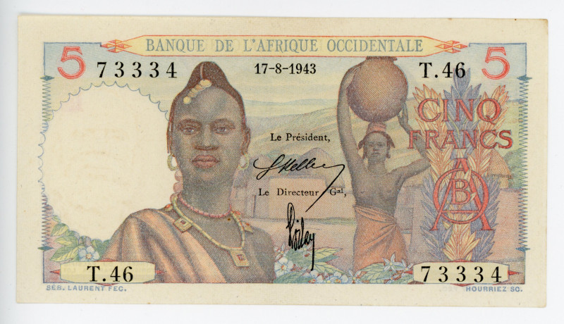 French West Africa 5 Francs 1943
P# 36; # T.46 73334; AUNC-UNC