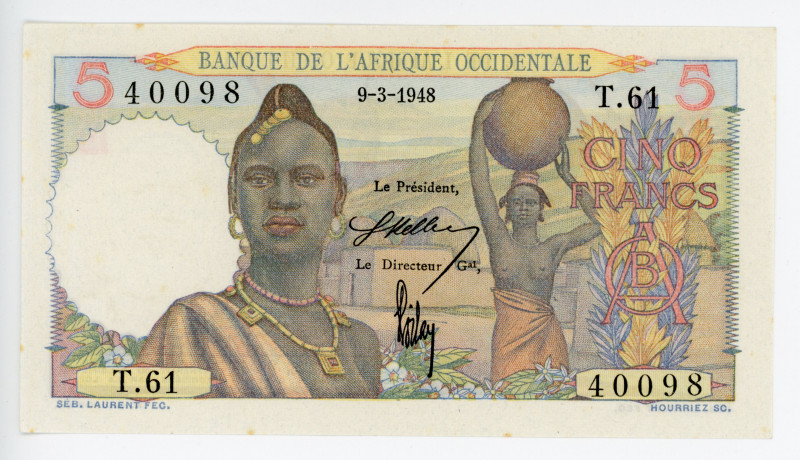 French West Africa 5 Francs 1948
P# 36; # T.61 40098; AUNC-UNC