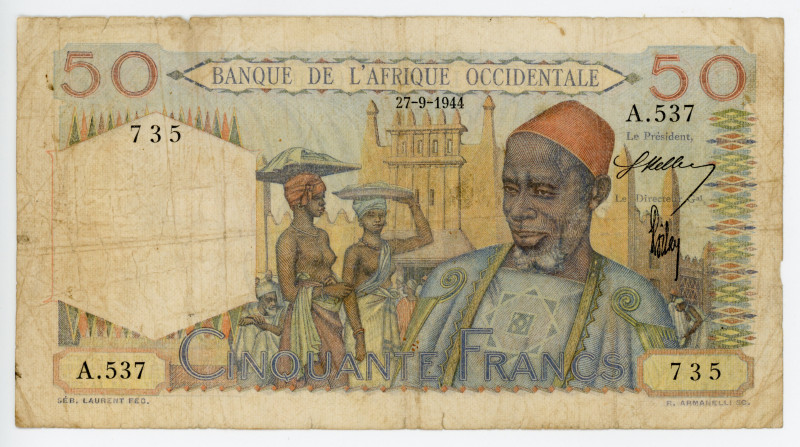 French West Africa 50 Francs 1944
P# 39; # A.537 735; F