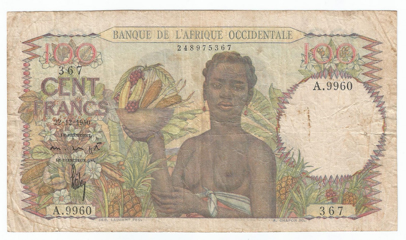 French West Africa 100 Francs 1950
P# 40; #367; With pinholes, small tears; F