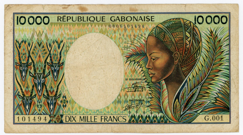 Gabon 10000 Francs 1984 (ND)
P# 7a; #101494; With pinholes; F+/VF-