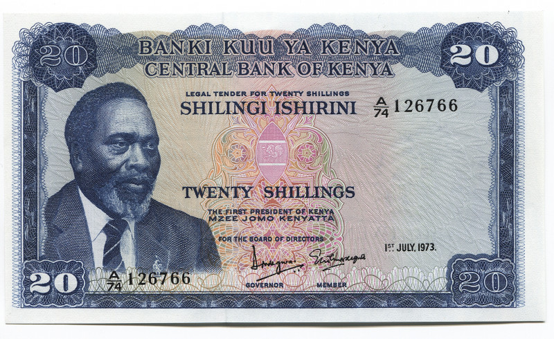 Kenya 20 Shillings 1973
P# 8d; #A74-126766; UNC