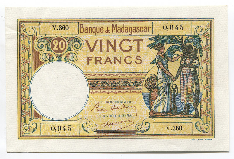 Madagascar 20 Francs 1937 - 1947 (ND)
P# 37; # V360 0045; AUNC; Pin holes