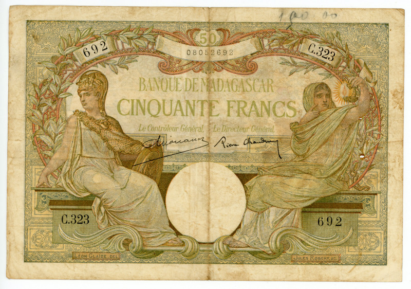 Madagascar 50 Francs 1937 - 1947 (ND)
P# 38; # C.323 692; VF