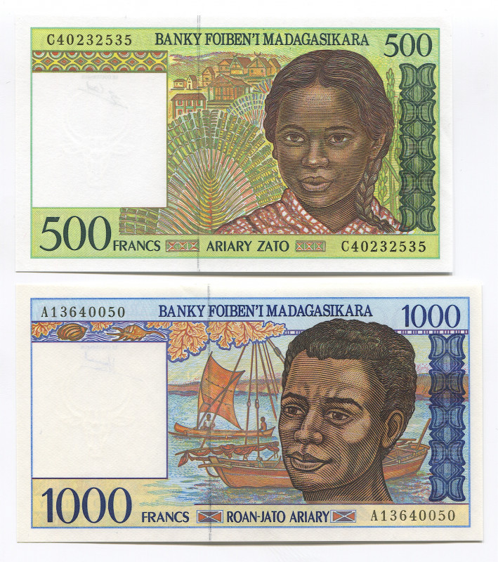 Madagascar 500 & 1000 Francs 1994
P# 75a, 76a; UNC; Sign. 4; Set 2 Pcs