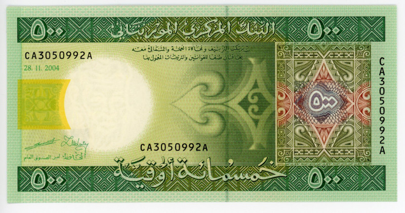 Mauritania 500 Ouguiya 2004
P# 12a; #CA3050992A; UNC