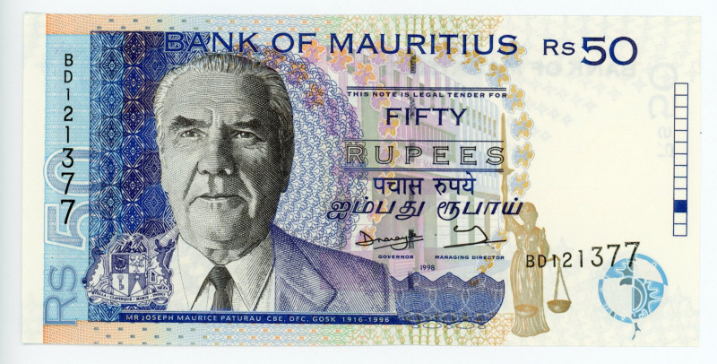 Mauritius 50 Rupees 1998
P# 43; #BD121377; UNC