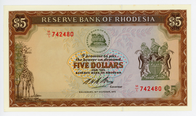 Rhodesia 5 Dollars 1972
P# 32a; # M/1 742480; UNC