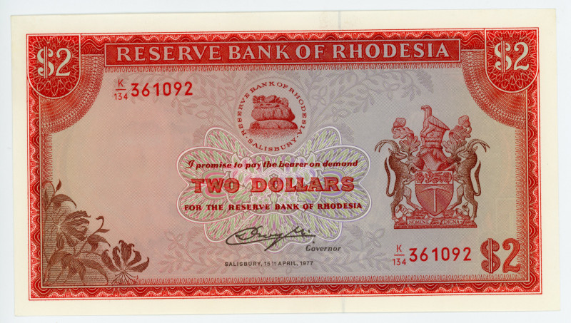 Rhodesia 2 Dollars 1977
P# 35b; # K/134 361092; UNC