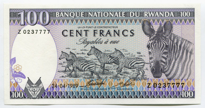 Rwanda 100 Francs 1989
P# 19a; # Z 0237777; Fine Serial Number; UNC