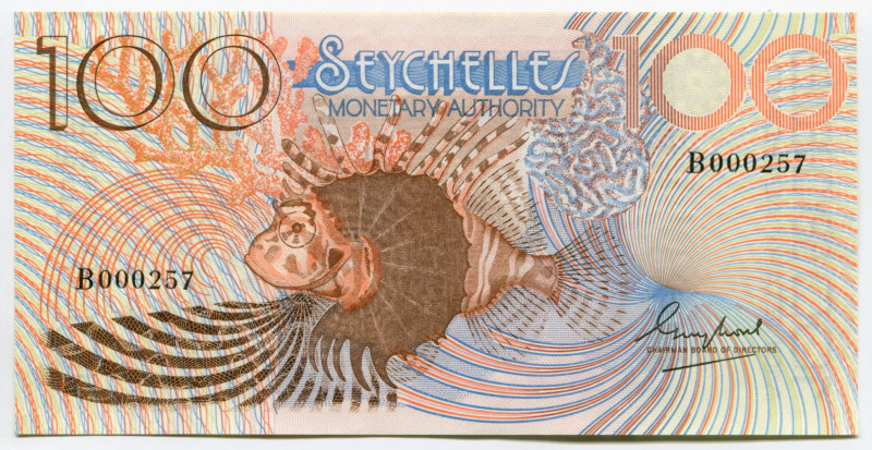 Seychelles 100 Rupees 1980
P# 27a; # B 000257; Low Serial Number; UNC