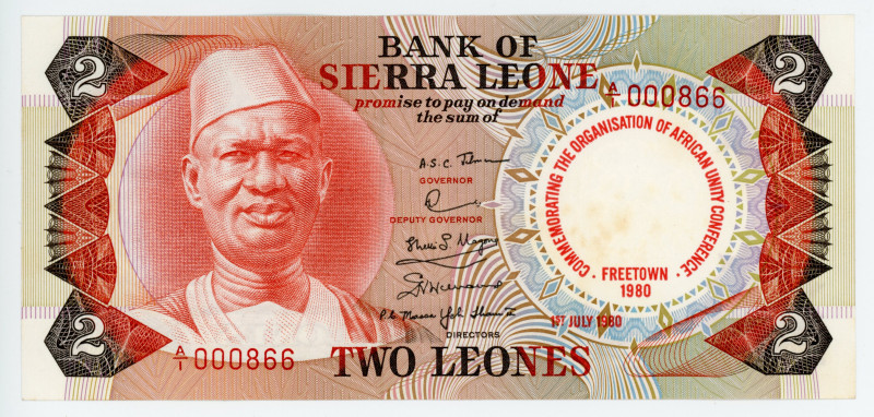 Sierra Leone 2 Leone 1980 Commemorative
P# 11; # A/1 000866; AUNC-UNC