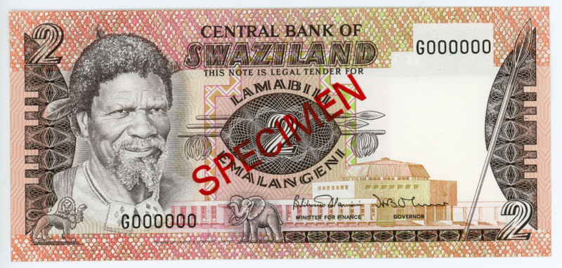 Swaziland 2 Emalangeni 1983 - 1986 (ND) Specimen
P# 8s2; #G000000; UNC