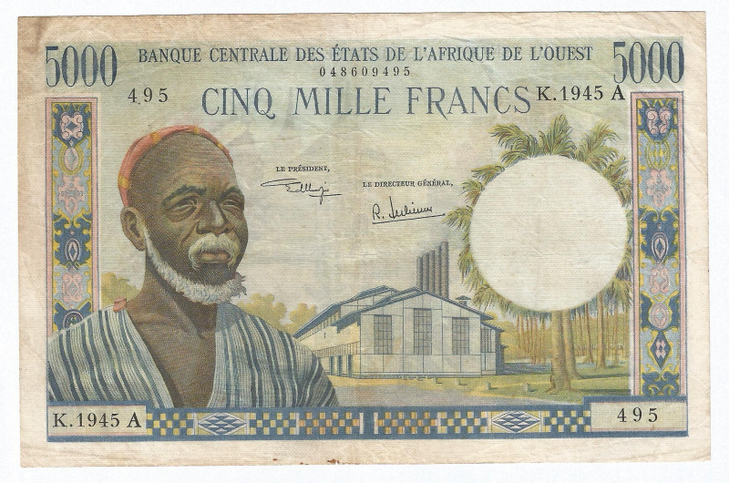 West African States Ivory Coast 5000 Francs 1961 - 1965 (ND) A
P# 104Ah; #K1945...