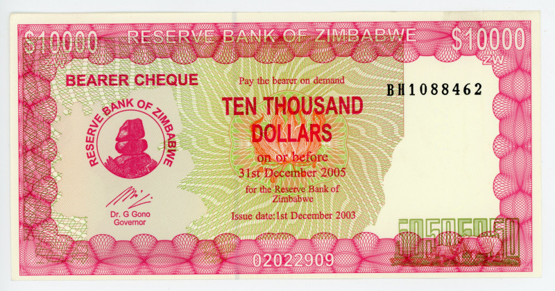 Zimbabwe 10000 Dollars 2003 (2004)
P# 22d; # BH1088462; Bearer Cheque; UNC