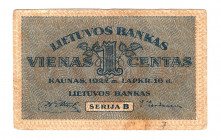 Lithuania 1 Centas 1922
P# 7; XF