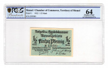 Lithuania Memel 1/2 Mark 1922 PCGS 64
P# 1; UNC