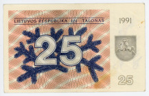 Lithuania 25 Talonas 1991
P# 36a; # AA 031483; Without Text; XF